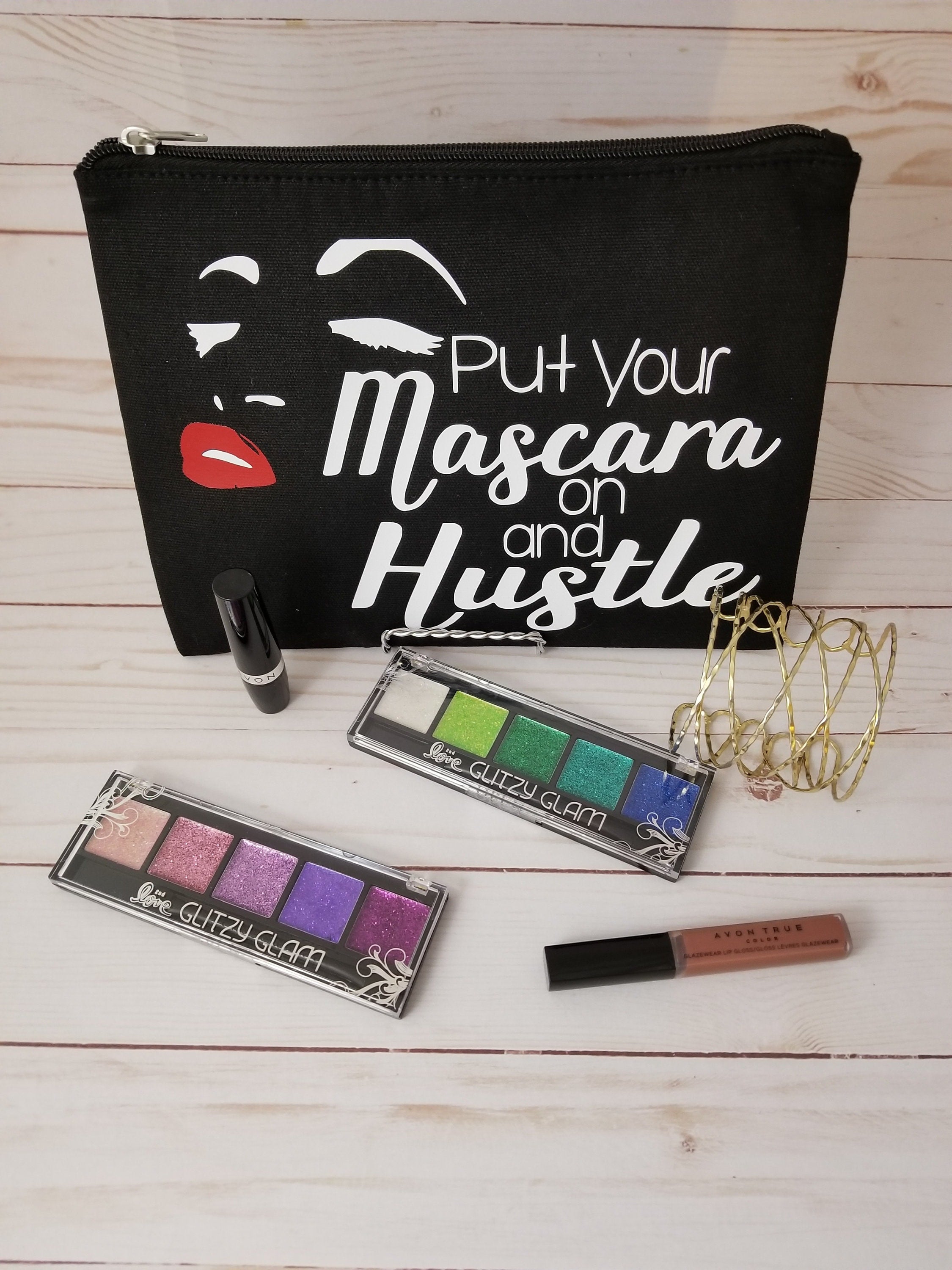 Put Your Mascara on and Hustle cosmetic bag / Multipurpose bag / jewelry bag
